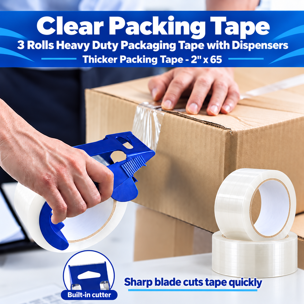 Clear Heavy-Duty Packing Tape – 3 Roll Pack with Dispenser